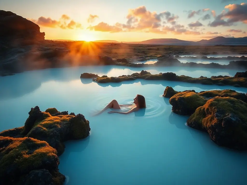 Persona relajándose en una laguna geotérmica de Islandia al atardecer