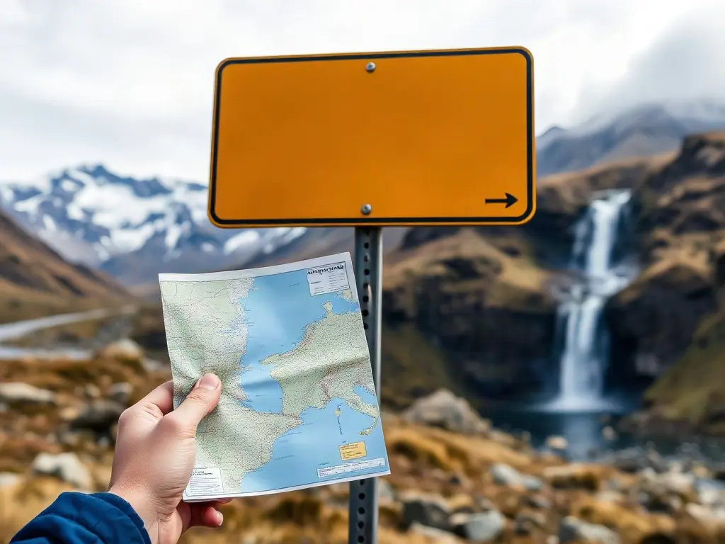 Viajero sosteniendo un mapa frente a un paisaje islandés con montañas y cascada
