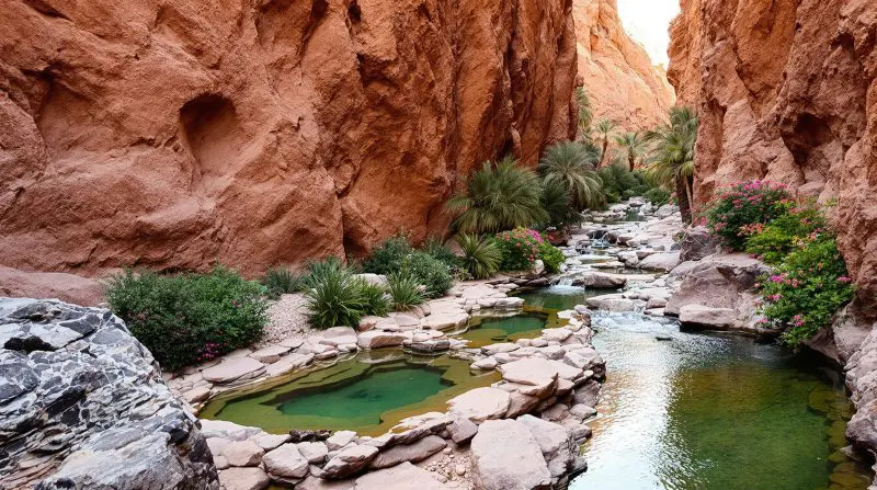 Pozas naturales entre palmeras en Paradise Valley, cerca de Agadir, Marruecos